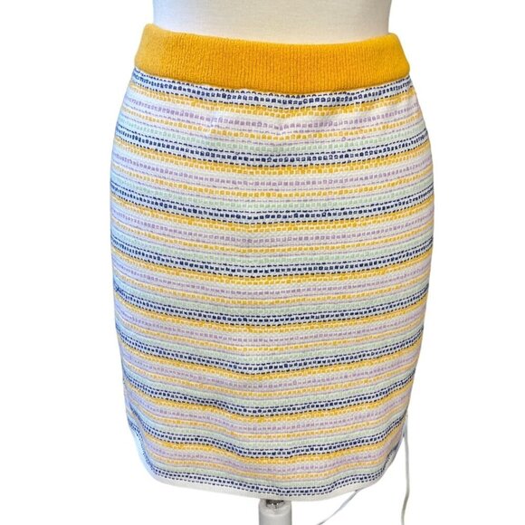 Milly Striped Yellow Tweed Pull-on Elastic Waist Mini Skirt Button Accents L NWT - Picture 6 of 9